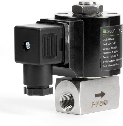U.S. Solid 1/4" High Pressure Solenoid Valve - 12V DC Stainless Steel Normally Closed (N.C.) Electric Valve, 1-50 Bar (725 PSI), High Temp -22°F to 356°F, Viton Seal for Fuel, Oil & Air in Kuwait