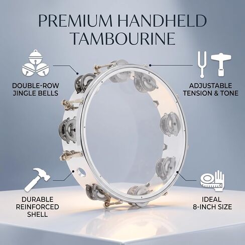 8in Tambourine Adjustable Tone Hand Drum Hand Held Percussion Educational Musical Instrument Cymbal Bells Double Row Jingle Bells with Drum Key(Transparent) in Kuwait