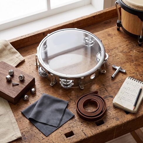 8in Tambourine Adjustable Tone Hand Drum Hand Held Percussion Educational Musical Instrument Cymbal Bells Double Row Jingle Bells with Drum Key(Transparent) in Kuwait