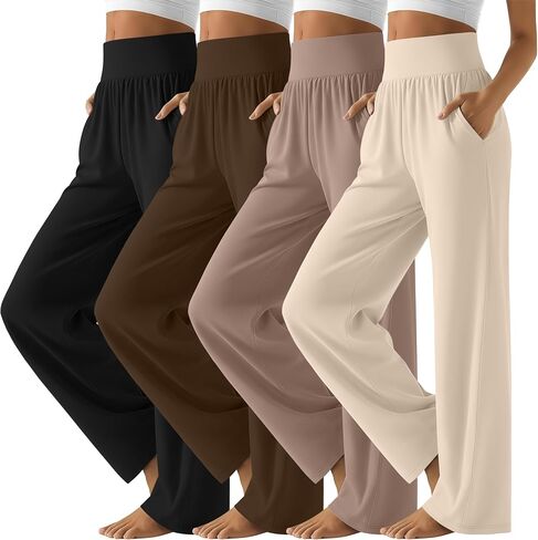 Neer 4 Pack Women's Wide Leg Yoga Pants, High Waist Casual Soft Sweatpants Loose Comfy Lounge Trousers with Pockets(Black, Khaki, Dark Brown, Cream,X-Large) in Kuwait