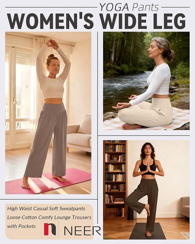 Neer 4 Pack Women's Wide Leg Yoga Pants, High Waist Casual Soft Sweatpants Loose Comfy Lounge Trousers with Pockets(Black, Khaki, Dark Brown, Cream,X-Large) in Kuwait