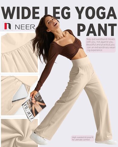 Neer 4 Pack Women's Wide Leg Yoga Pants, High Waist Casual Soft Sweatpants Loose Comfy Lounge Trousers with Pockets(Black, Khaki, Dark Brown, Cream,X-Large) in Kuwait