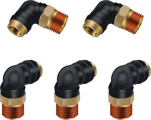 Siptenk 3/8"OD x 3/8"NPT الكوع DOT ادفع لتوصيل التركيبات 5 قطعة للشاحنة | خرطوم كوع 90 درجة، تجهيزات خط الهواء، معتمدة من وزارة النقل، PTC/PTCR والنحاس، لنظام الهواء في صناعة المقطورات in Kuwait