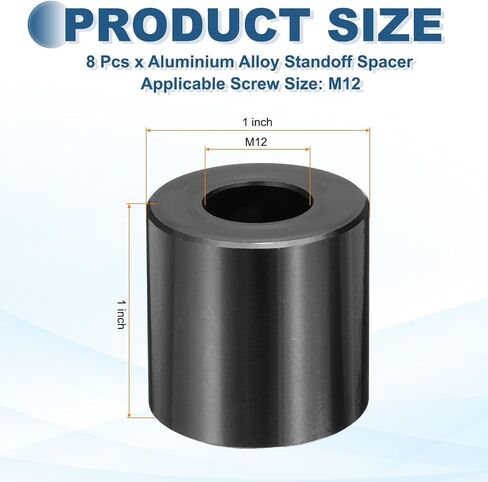 MECCANIXITY 8 قطع M12 فواصل معدنية، M12 x 1 "OD x 1" L فاصل ألومنيوم مستدير غير مترابطة جلبة نهائية عادية للبراغي اللولبية، أسود in Kuwait