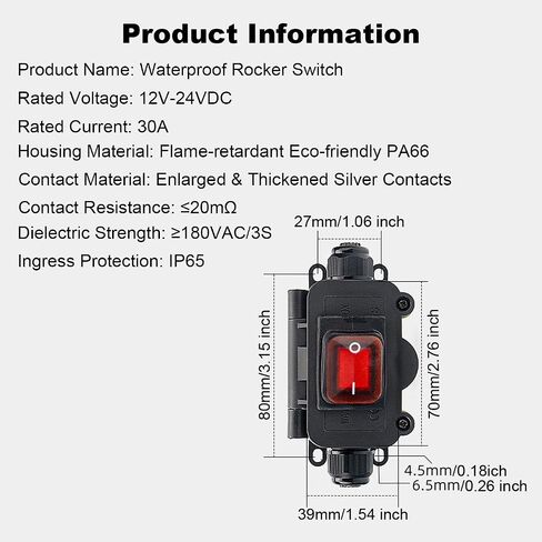 IP65 Waterproof Inline Cord Switch DC 12V-24V 30A DPST 4Pin 2 Position On Off Outdoor Toggle Switch with Red Light Rocker Button,Two-Side Entry & Exit Line in Saudi Arabia