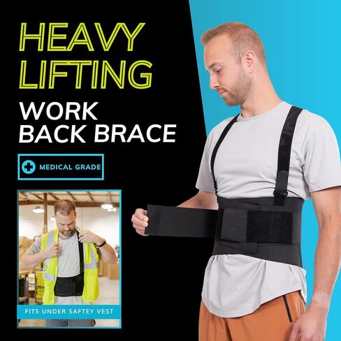 دعامة ظهر للعمل من BraceAbility + حزمة حزمة ساخنة/باردة قابلة لإعادة الاستخدام - حزام شفاء من إصابات الرفع الثقيلة مع أحزمة كتف، ضغط جل 6.5 بوصة × 9.5 بوصة لتخفيف آلام الظهر (4XL) in Kuwait
