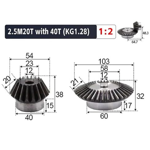 1:2 2.5M20Teeth+40Teeth Inner Hole 12mm 90 Degree Steel Bevel Gears Screw M5 1Pcs in Kuwait