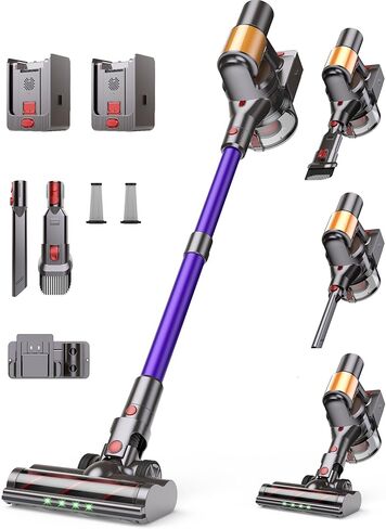 Cordless Vacuum Cleaner, 2 Batteries 120 Mins Runtime, 600W 50KPA Stick Vacuum with Self-Standing, Tangle-Free Brush, LED Display, Vacuum Cleaner for Home Hardwood Floor, Carpet, Pet Hair in Kuwait