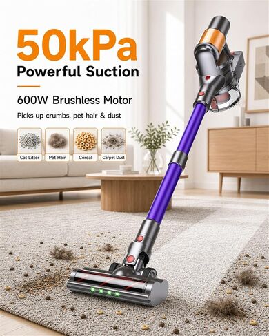 Cordless Vacuum Cleaner, 2 Batteries 120 Mins Runtime, 600W 50KPA Stick Vacuum with Self-Standing, Tangle-Free Brush, LED Display, Vacuum Cleaner for Home Hardwood Floor, Carpet, Pet Hair in Kuwait