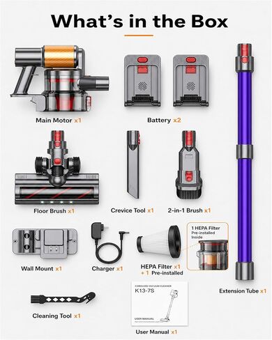 Cordless Vacuum Cleaner, 2 Batteries 120 Mins Runtime, 600W 50KPA Stick Vacuum with Self-Standing, Tangle-Free Brush, LED Display, Vacuum Cleaner for Home Hardwood Floor, Carpet, Pet Hair in Kuwait