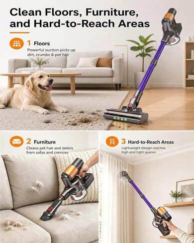 Cordless Vacuum Cleaner, 2 Batteries 120 Mins Runtime, 600W 50KPA Stick Vacuum with Self-Standing, Tangle-Free Brush, LED Display, Vacuum Cleaner for Home Hardwood Floor, Carpet, Pet Hair in Kuwait