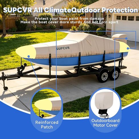 1400D Heavy Duty Waterproof Boat Cover,Tear-Resistant,Trailerable,Enhanced Windproof Buckles,with Storage Bag 16-18.5'x98 for V Hull,Tri-Hulls,Fish & Ski (Long16-18.5' Beam Width up to 98") in Kuwait
