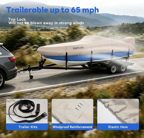1400D Heavy Duty Waterproof Boat Cover,Tear-Resistant,Trailerable,Enhanced Windproof Buckles,with Storage Bag 16-18.5'x98 for V Hull,Tri-Hulls,Fish & Ski (Long16-18.5' Beam Width up to 98") in Kuwait