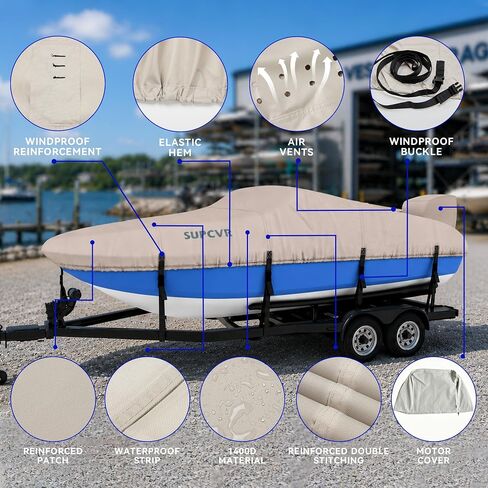 1400D Heavy Duty Waterproof Boat Cover,Tear-Resistant,Trailerable,Enhanced Windproof Buckles,with Storage Bag 16-18.5'x98 for V Hull,Tri-Hulls,Fish & Ski (Long16-18.5' Beam Width up to 98") in Kuwait