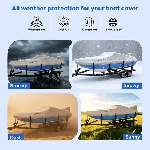1400D Heavy Duty Waterproof Boat Cover,Tear-Resistant,Trailerable,Enhanced Windproof Buckles,with Storage Bag 16-18.5'x98 for V Hull,Tri-Hulls,Fish & Ski (Long16-18.5' Beam Width up to 98") in Kuwait