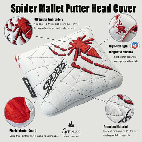 غطاء رأس GOOACTION Spider Mallet Putter - نمط عنكبوت مطرز ثلاثي الأبعاد، جلد PU أبيض فاخر، حماية 360 درجة، إغلاق مغناطيسي قوي، يناسب معظم مضارب المطرقة in Kuwait