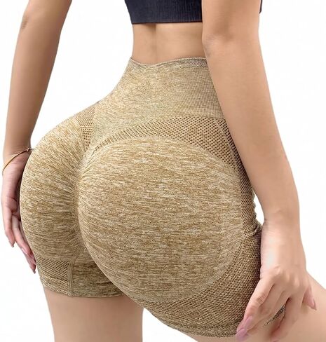 Women's High Waisted Scrunch Booty Shorts Butt Lifting Workout Yoga Shorts Textured Athletic Gym Pants Khaki in Kuwait