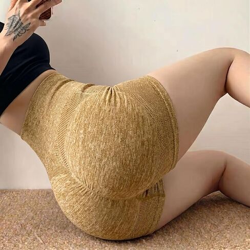 Women's High Waisted Scrunch Booty Shorts Butt Lifting Workout Yoga Shorts Textured Athletic Gym Pants Khaki in Kuwait