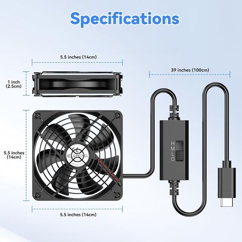 ELUTENG 140mm PC USB-C Fan | 3 Adjustable Speed Settings, Hydraulic Bearing, Metal Grille, Low Noise, High Airflow in Kuwait