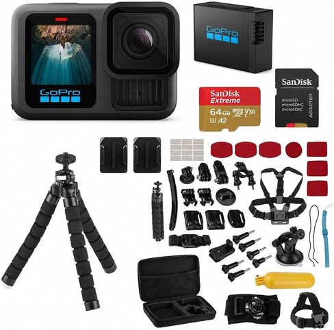 GoPro Hero13 Black - Action Action Camera مع فيديو 5.3k60 ، صورة 27 ميجابكسل ، حزمة مع مجموعة Froggi Extreme Sport 47 -PC ، بطاقة microSD 64 جيجابايت (Hero13 Black) in Kuwait