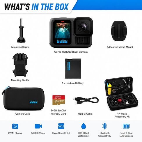 GoPro Hero13 Black - Action Action Camera مع فيديو 5.3k60 ، صورة 27 ميجابكسل ، حزمة مع مجموعة Froggi Extreme Sport 47 -PC ، بطاقة microSD 64 جيجابايت (Hero13 Black) in Kuwait
