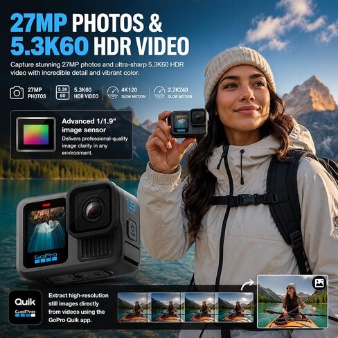 GoPro Hero13 Black - Action Action Camera مع فيديو 5.3k60 ، صورة 27 ميجابكسل ، حزمة مع مجموعة Froggi Extreme Sport 47 -PC ، بطاقة microSD 64 جيجابايت (Hero13 Black) in Kuwait