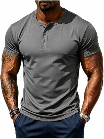 Men's Henley Short Sleeve Shirt Lightweight T-Shirts Athletic Sport Tee Casual Summer Basic Solid Color Shirt in Kuwait