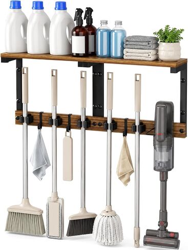 Broom and Mop Holder Wall Mount, 27" Large Organizer with Wood Shelf | Vacuum Holder, 5 Heavy-Duty Grippers, 5 Movable Metal Hooks for Laundry Room, Garage and Utility Closet Organization in Kuwait