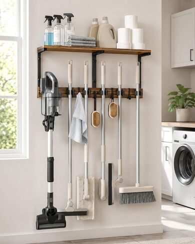 Broom and Mop Holder Wall Mount, 27" Large Organizer with Wood Shelf | Vacuum Holder, 5 Heavy-Duty Grippers, 5 Movable Metal Hooks for Laundry Room, Garage and Utility Closet Organization in Kuwait