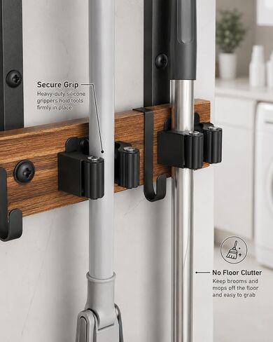 Broom and Mop Holder Wall Mount, 27" Large Organizer with Wood Shelf | Vacuum Holder, 5 Heavy-Duty Grippers, 5 Movable Metal Hooks for Laundry Room, Garage and Utility Closet Organization in Kuwait