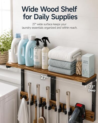 Broom and Mop Holder Wall Mount, 27" Large Organizer with Wood Shelf | Vacuum Holder, 5 Heavy-Duty Grippers, 5 Movable Metal Hooks for Laundry Room, Garage and Utility Closet Organization in Kuwait