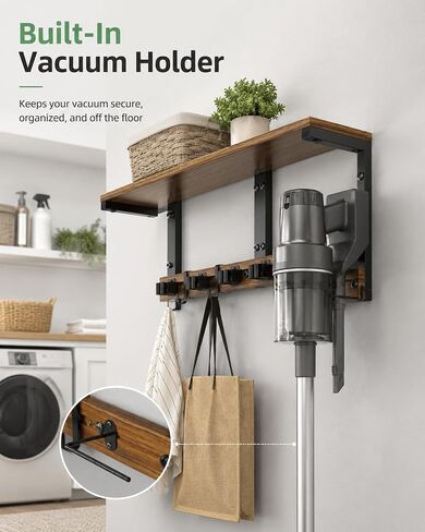 Broom and Mop Holder Wall Mount, 27" Large Organizer with Wood Shelf | Vacuum Holder, 5 Heavy-Duty Grippers, 5 Movable Metal Hooks for Laundry Room, Garage and Utility Closet Organization in Kuwait