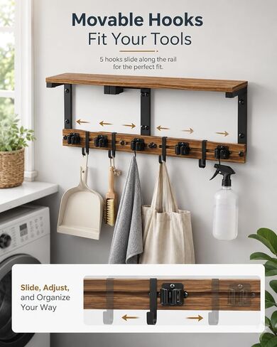 Broom and Mop Holder Wall Mount, 27" Large Organizer with Wood Shelf | Vacuum Holder, 5 Heavy-Duty Grippers, 5 Movable Metal Hooks for Laundry Room, Garage and Utility Closet Organization in Kuwait