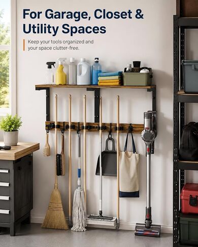 Broom and Mop Holder Wall Mount, 27" Large Organizer with Wood Shelf | Vacuum Holder, 5 Heavy-Duty Grippers, 5 Movable Metal Hooks for Laundry Room, Garage and Utility Closet Organization in Kuwait