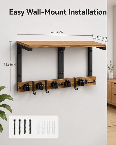 Broom and Mop Holder Wall Mount, 27" Large Organizer with Wood Shelf | Vacuum Holder, 5 Heavy-Duty Grippers, 5 Movable Metal Hooks for Laundry Room, Garage and Utility Closet Organization in Kuwait