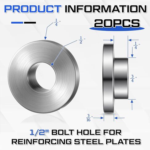 20 Pcs 1/2 Inch Stepped Repair Weld Washers, 1/2" Bolt Hole for Reinforcing Steel Plates & Repairing Damaged Bolt Holes, 5/4" Overall Diameter, 3/4" Installation Hole Size, 20 Gauge Steel in Kuwait