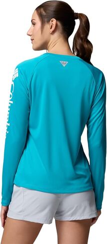 قميص PFG Tidal Tee II للسيدات من كولومبيا للحماية من الشمس بأكمام طويلة، شعار Ocean Teal/White، مقاس كبير in Kuwait