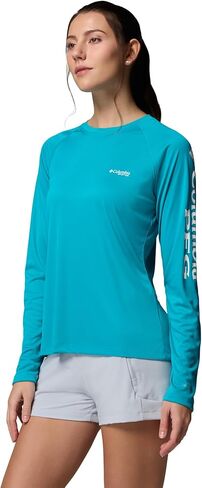 قميص PFG Tidal Tee II للسيدات من كولومبيا للحماية من الشمس بأكمام طويلة، شعار Ocean Teal/White، مقاس كبير in Kuwait