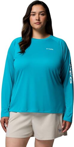 قميص PFG Tidal Tee II للسيدات من كولومبيا للحماية من الشمس بأكمام طويلة، شعار Ocean Teal/White، مقاس كبير in Kuwait