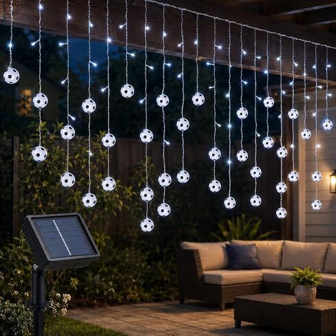 Solar Soccer String Lights, 11.5FT Soccer Ball Curtain Lights with 96 LEDs & 24 Hanging Strands, 8 Modes Timer Outdoor Soccer Party Decorations for Patio Game Day Fan Room in Kuwait