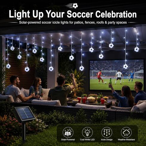 Solar Soccer String Lights, 11.5FT Soccer Ball Curtain Lights with 96 LEDs & 24 Hanging Strands, 8 Modes Timer Outdoor Soccer Party Decorations for Patio Game Day Fan Room in Kuwait