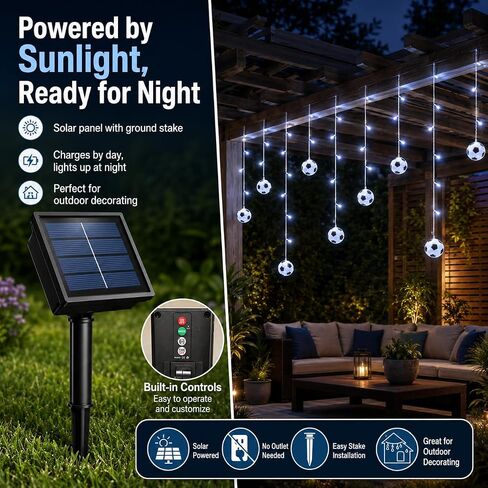Solar Soccer String Lights, 11.5FT Soccer Ball Curtain Lights with 96 LEDs & 24 Hanging Strands, 8 Modes Timer Outdoor Soccer Party Decorations for Patio Game Day Fan Room in Kuwait