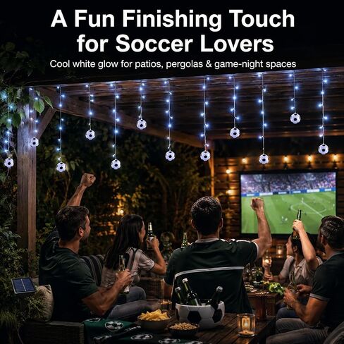 Solar Soccer String Lights, 11.5FT Soccer Ball Curtain Lights with 96 LEDs & 24 Hanging Strands, 8 Modes Timer Outdoor Soccer Party Decorations for Patio Game Day Fan Room in Kuwait