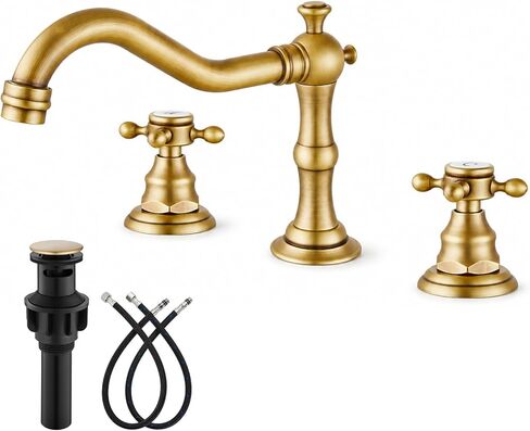 gotonovo Bathroom Faucet 3 Hole 8 Inch Widespread Bathroom Sink Faucet 2 Cross Handles Vintage Lavatory Vanity Mixer Tap with Pop Up Drain, HOT Cold Label, Antique Brass in Saudi Arabia
