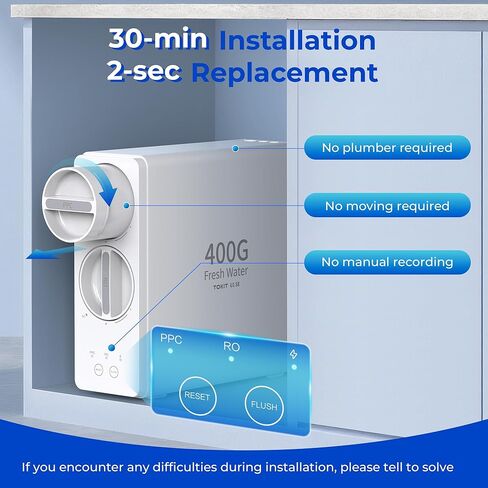 TOKIT U1 SE Under Sink Water Filtration System, Reverse Osmosis Water Filter Under Sink with Faucet, NSF/ANSI 58, Tankless, 400 GPD 2:1 Pure to Drain, Reduces TDS in Kuwait