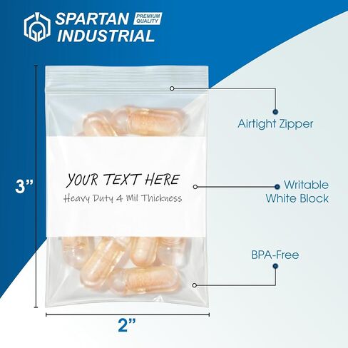 Spartan Industrial - أكياس بلاستيكية شديدة التحمل مقاس 2 × 3 بوصة (100 قطعة) - أكياس بلاستيكية صغيرة سعة 4 مل مع كتلة بيضاء قابلة للكتابة للمجوهرات والحبوب والتخزين in Kuwait