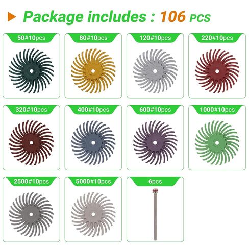 طقم أقراص ذات شعيرات نصف قطرية 100 قطعة 1 بوصة، 10 حبيبات مختلطة 50-5000 مع 6 سيقان للأدوات الدوارة - المجوهرات والخشب وتلميع المعادن وفرش التنظيف الكاشطة in Kuwait