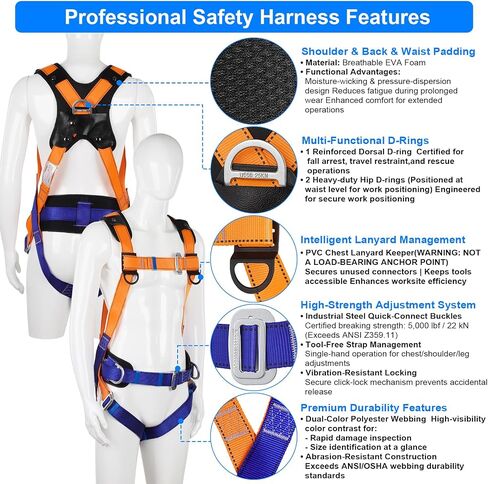 مجموعة أدوات الحماية من السقوط لكامل الجسم - متوافقة مع OSHA/ANSI، وحزام السقف، وتتضمن حبل الصدمات in Kuwait