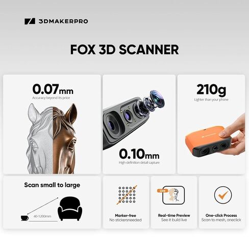 ماسح ضوئي ثلاثي الأبعاد من 3DMakerpro Fox، ماسح ضوئي ثلاثي الأبعاد بدقة 0.07 مم للطباعة ثلاثية الأبعاد، مسح سهل للمبتدئين للكائنات الصغيرة والكبيرة in Kuwait