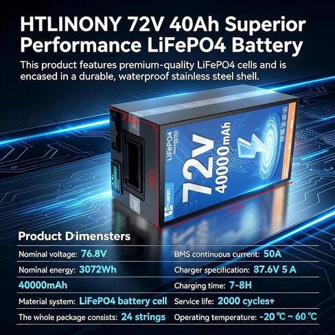 72V 40Ah LiFePO4 Battery DIY Pack, Automotive-Grade Cells | 5A Fast Charger,50A BMS | 4000+ Cycles | 50A Anderson & XT90,Ideal for DIY E-Tricycles, Scooters & Motorcycles in Kuwait